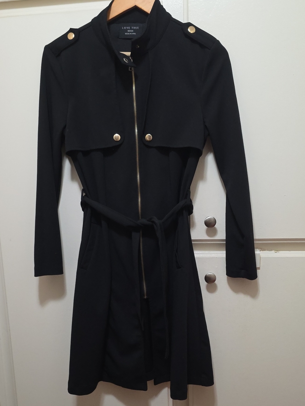 Love Tree Black Long Sleeve Belted Trench Dress with Gold Accents